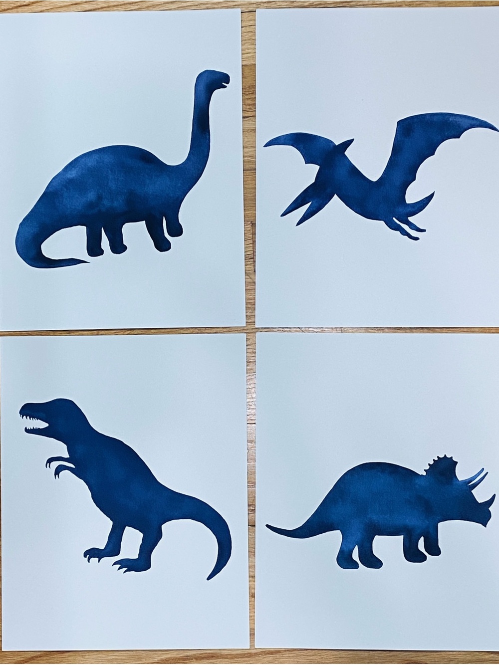 Set of 4 Blue Dinosaur Silhouette Art Prints 11” x 14” Professionally Printed